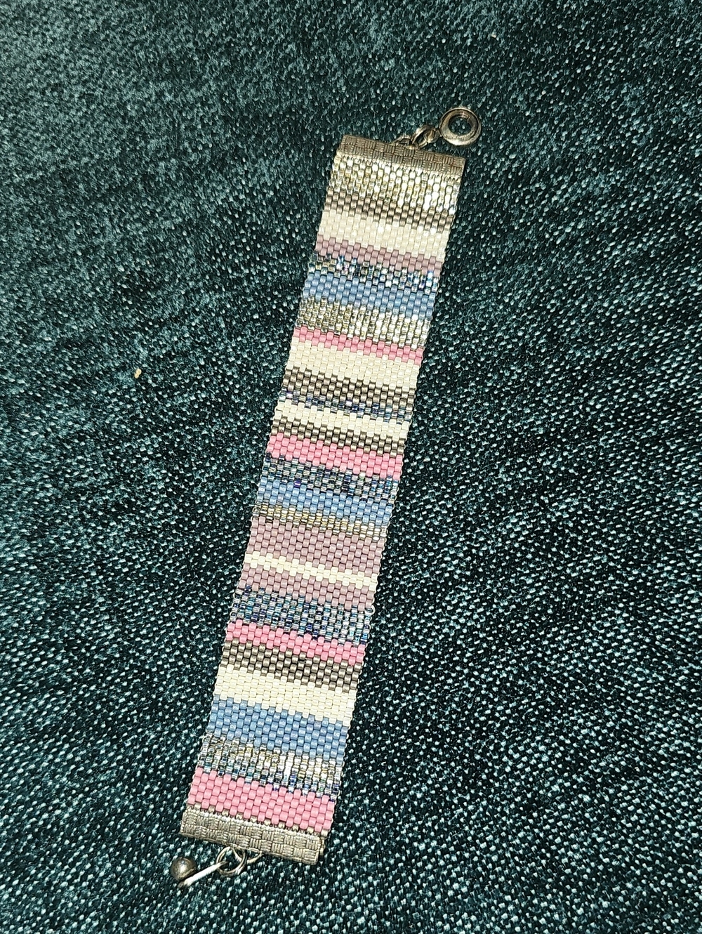 Handwoven Beaded Stripe Cuff Bracelet in Pink, Blue, and Cream